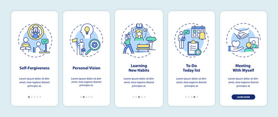 Fighting procrastination methods onboarding mobile app page screen with concepts. To-do list, learning habits walkthrough 5 steps graphic instructions. UI vector template with RGB color illustrations