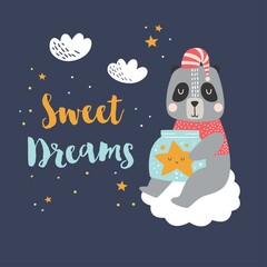 Vector illustration with cute bear on the cloud holding jar with a star, cute character poster for baby room, greeting card, kids and baby t-shirts and apparel