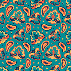Wall Mural - vector seamless pattern with hand drawn floral ornament in ethnical Indian style on blue background. pattern for printing on fabric, wrapping paper, clothes.
background for websites and applications