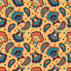 Wall Mural - vector seamless pattern with hand drawn floral ornament in ethnical Indian style on yellow background. pattern for printing on fabric, wrapping paper, clothes.
background for websites and applications