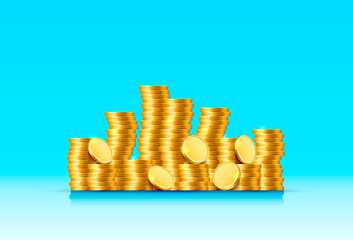 mountain of coins gold coins on blue background. Vector