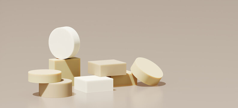 Minimal abstract mockup background for product presentation. Beige step podium on beige background. 3d rendering illustration. Clipping path of each element included.