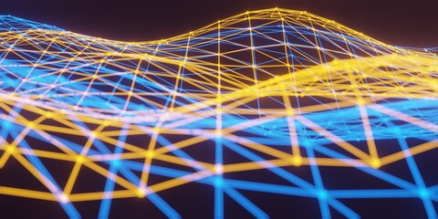 Wall Mural - 3d blurred polygon network connection, abstract glowing polygonal, wave digital background, molecule