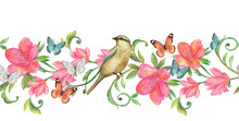 Seamless Floral Border. Nice Clever Bird Sitting On Fancy Branch With Delicate Pink Flowers Surrounded By Flying Butterflies. Watercolor Painting