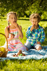 Wall Mural - Cute boy and girl celebrating Easter, searching and eating chocolate eggs. Happy family holiday. Happy kids laughing, smiling and having fun. Beautiful spring sunny day in park