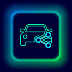 Glowing neon line Car sharing icon isolated on black background. Carsharing sign. Transport renting service concept. Colorful outline concept. Vector.