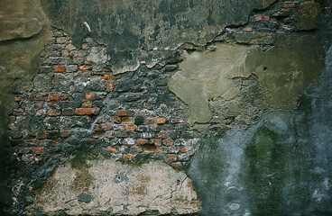 Wall Mural - toned abstract background texture of old brick wall with stains and peeled plaster