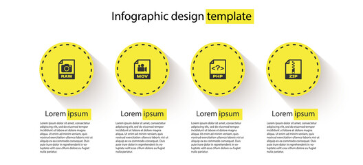 Set RAW file document, MOV, PHP and ZIP. Business infographic template. Vector.