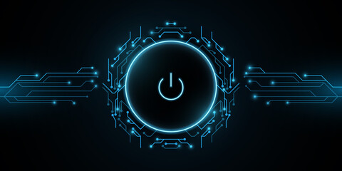 Wall Mural - Futuristic power button with computer circuit board. HUD interface elements. UI Concept. Cyber luminescent switch. Technology modern background. Vector illustration