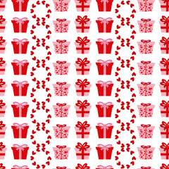 Wall Mural - vector seamless pattern, vertical lines with gift boxes, hearts and cute ribbon bow. cartoon flat st