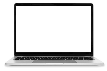 Wall Mural - front view of a moder generic silver laptop with a blank white screen and isolated on a white backgr