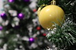 Christmas tree with new year decorations. New Year celebration. Selective soft focus. Background for postcards
