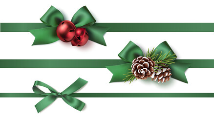 Wall Mural - set of decorative green bow with horizontal green ribbon, red bells, pine cone isolated on white bac