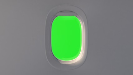 Illustration of an airplane window with green screen. Realistic window reflections.