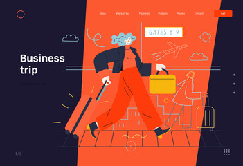 Wall Mural - Business topics -business trip, web template, header. Flat style modern outlined vector concept illustration. Young woman with suitcase walking by the moving walkway in the airport. Business metaphor.