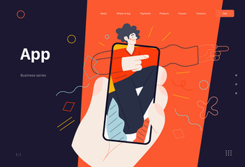 Business topics -mobile application, web template, header. Flat style modern outlined vector concept illustration. A hand holding a smartphone with young man, pointing the direction. Business metaphor