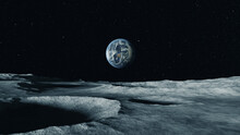 View Of The Planet Earth From The Surface Of The Moon. Airless Space. Simulated Drone Flight. High Quality 3d Illustration