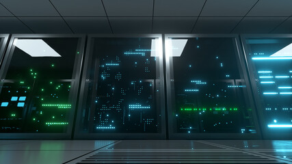 Wall Mural - Networked and data servers behind glass panels in a server room. The camera moves on a trolley in the center of the network and data processing. Powerful servers. High quality 3d illustration