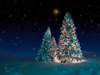 christmas trees with lights and snow in the forest at night. star of bethlehem, epiphany. background