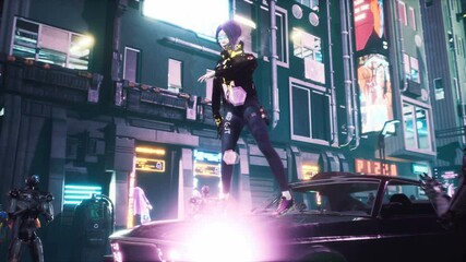 Wall Mural - A girl dances hip-hop in a futuristic car, surrounded by android robots on the street of a night city. Seamless looping Animation for fiction, cyber and sci-fi backgrounds. View of an fiction city.