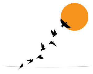 birds on wire and flying birds silhouettes on sunset, vector. scandinavian minimalism art design. bi