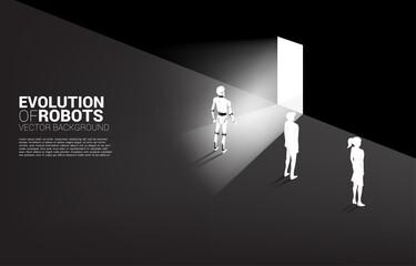 Poster - Robot at exit door with human with wall. Business concept for machine learning and a.i artificial intelligence.human vs. robot.