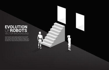 Poster - Businessman and robot at the wall and the only robot with the stair to exit door. Business concept for machine learning and a.i artificial intelligence.human vs. robot.