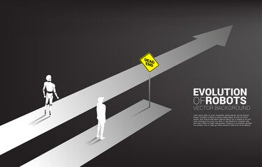Poster - Business concept of human and robot competition. Silhouette of robot on going track and businessman on road block track .