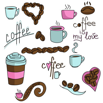 Set of colorful doodles on the theme of coffee, coffee is love, pink and blue cups and mugs with a drink along with themed lettering, brown coffee beans for decor