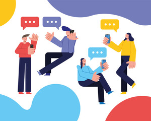 Sticker - people with smartphones and bubbles vector design