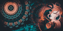 Mandala Colorful Dark Eyes Vintage Art, Ancient Indian Vedic Background Design,shree Radha Krishna Artistic Work, Old Painting Texture With Multiple Mathematical Shapes