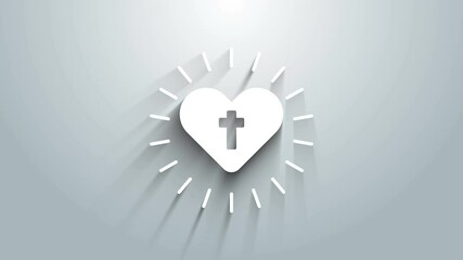 Poster - White Christian cross and heart icon isolated on grey background. Happy Easter. 4K Video motion graphic animation