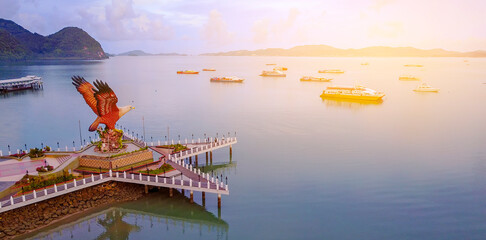 aerial view of public eagle statue, the symbol of langkawi island, malaysia.