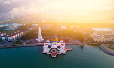 Wall Mural - Arial view of Malacca Straits Mosque during sunset