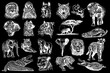 Graphical set of african animals isolated on black background,vector engraved illustration