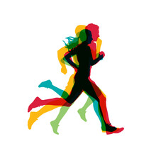 Running People, Group Of Men And Women. Runners Vector Silhouettes
