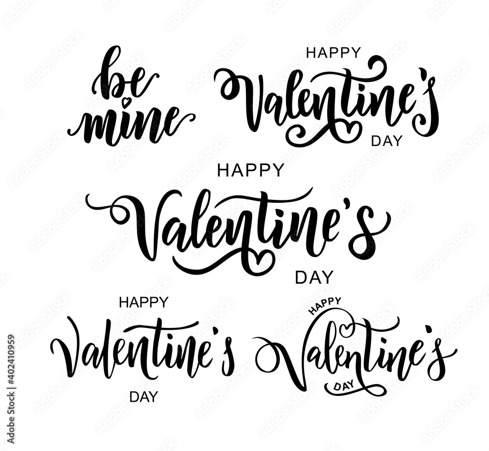 Happy Valentine's day hand lettering texts set. Vector illustration. Romantic quote postcard, card, invitation, banner template.  - obrazy, fototapety, plakaty 
