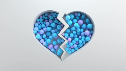 Poster - 3d bright render background with cut out shape filled with colored spheres. Bright positive concept. Broken heart shape.