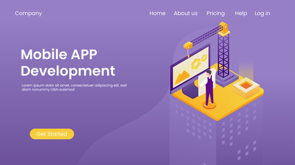 isometric app development concept, vector banner software programming