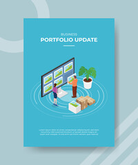 portfolio update concept women and men standing front big computer screen update maintenance for template of banner and flyer for printing magazine cover and poster with isometric style