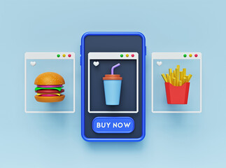 Poster - Order food online concept with smartphone. modern Mobile Application interface. minimal icons. 3d rendering