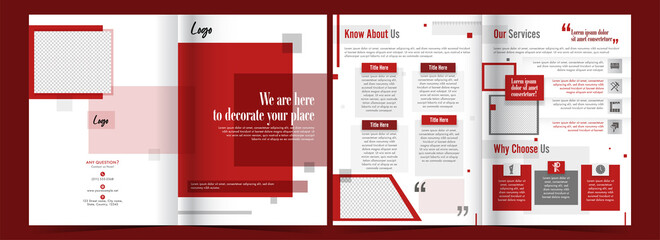 Front And Back View Of Bi-Fold Brochure Template Or Cover Page In Red And White Color.