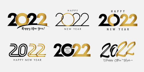 Wall Mural - Big Set of 2022 Happy New Year gold and black logo text design. Collection of Happy New Year label and happy holidays template greeting card. Vector illustration isolated on white background