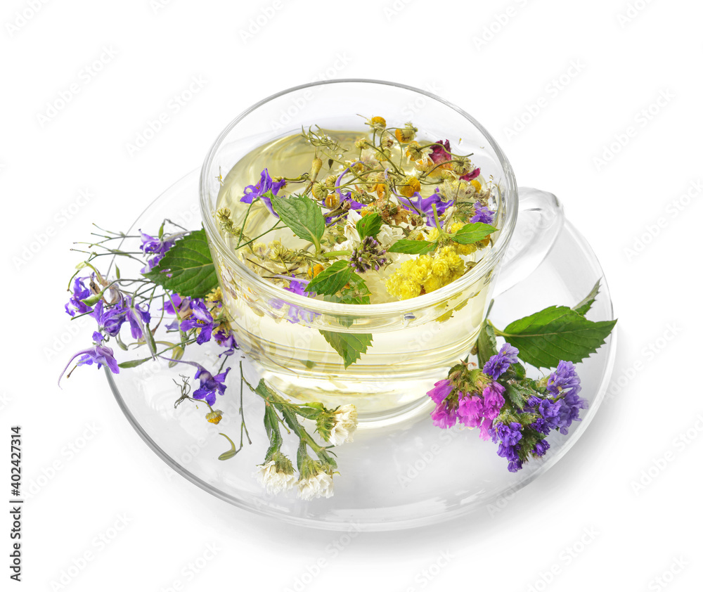 Cup of floral tea on white background