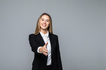 Young business woman handshake isolated over white background