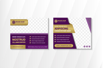 Poster - set of abstract horizontal banner template design use purple and gold colors. rectangle shape with space for photo collage. 