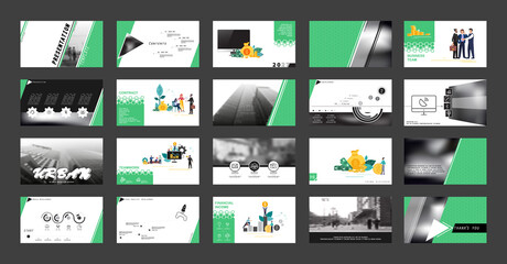 Wall Mural - New technology. Business presentation, infographic design template with green elements, black background. Teamwork. A team of people creates a business. Financial work. Use of flyer, SEO marketing