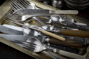 Wall Mural - Silver dishes on old background