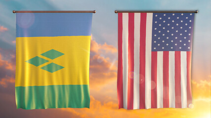 Double Flag United States of America vs Saint Vincent and The Grenadines flag waving flag with texture background