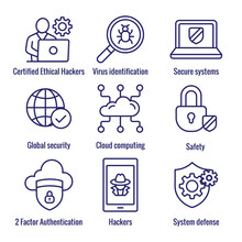 Certified Ethical Hacking CEH Icon Set Showing Virus, Exposing Vulnerabilities, And Hacker